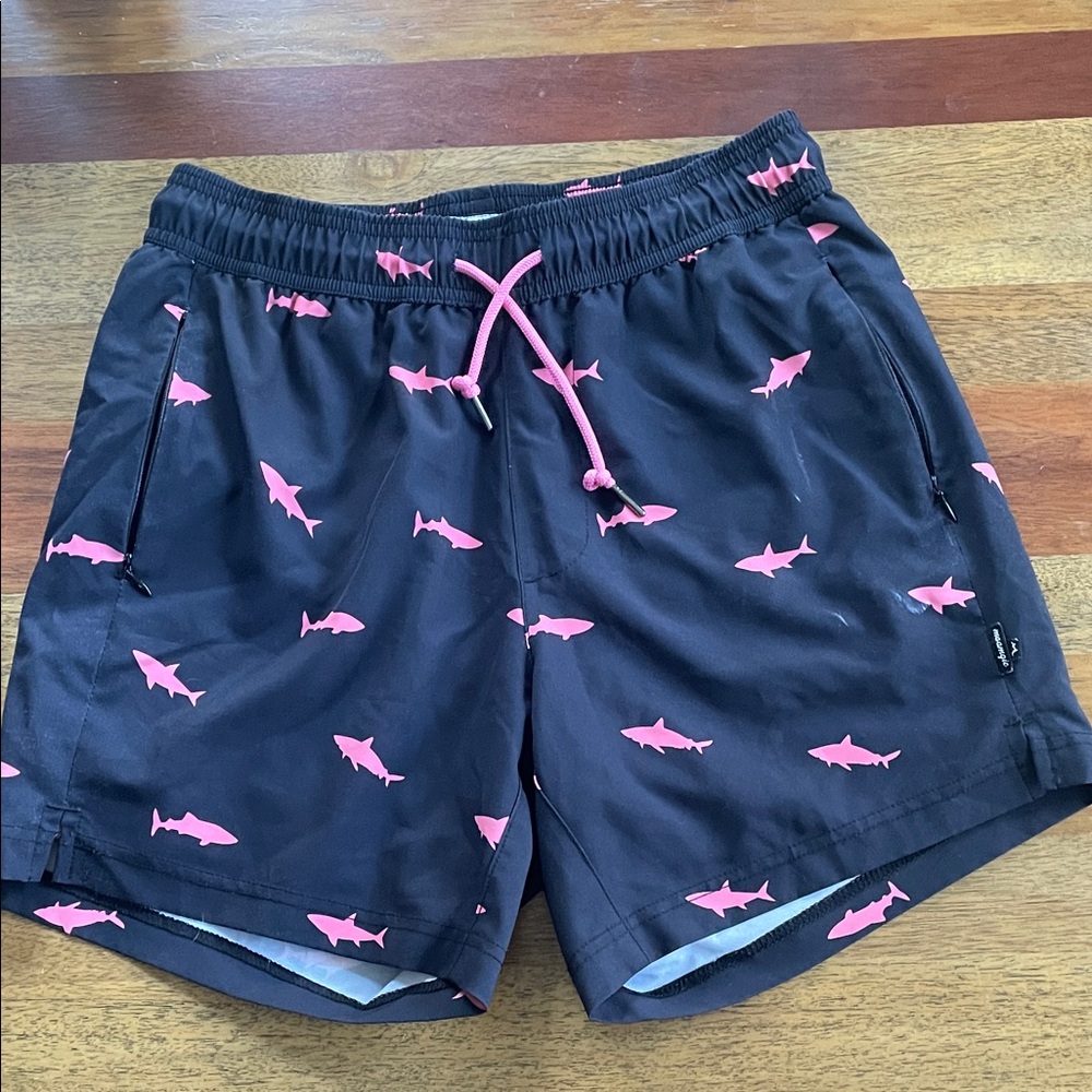 Black Swim Shorts with Pink Shark Print